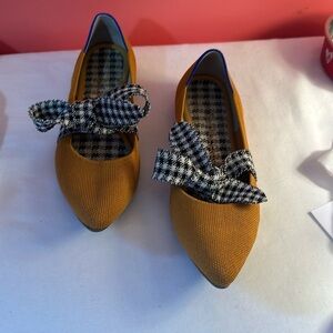 Rothy's Mustard Yellow Pointed Flats with Houndstooth Bow